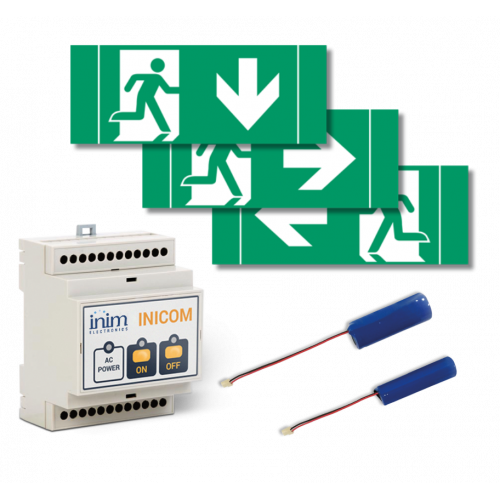 Batterie litio, telecomando per inibizione, pittogrammi di sicurezza per illuminazione di emergenza
