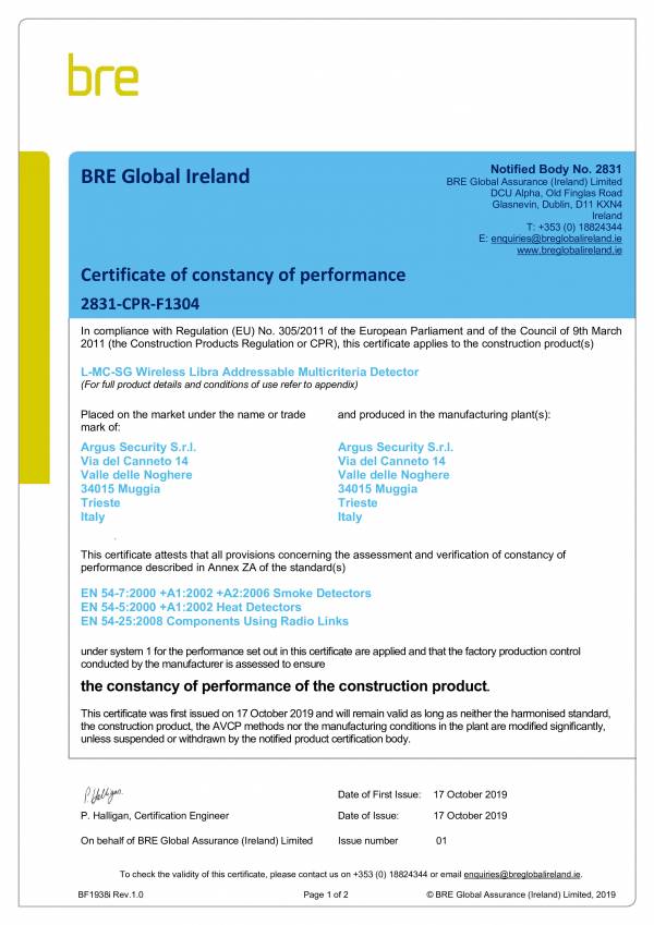 L Mc Sg Certificado De Constancia De Las Prestaciones N º 21 Cpr F1304 I1 De 17 10 19 Inim Electronics Sicurezza Domotica Antincendio Illuminazione D Emergenza
